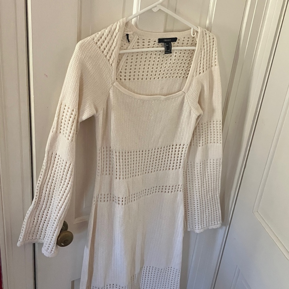 Forever 21 Cream Open-Knit Long Sleeve Maxi Dress
